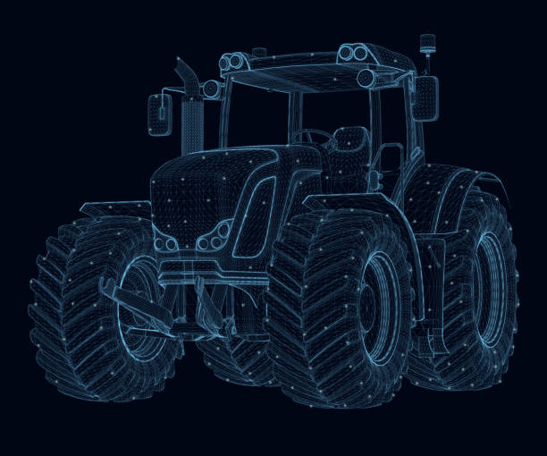 ilustrações de stock, clip art, desenhos animados e ícones de wireframe of a large tractor made of blue lines with glowing lights isolated on a dark background. perspective view. 3d. vector illustration - tractor agricultural machinery agriculture commercial land vehicle