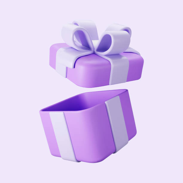 stockillustraties, clipart, cartoons en iconen met 3d purple open gift box with pastel ribbon bow isolated on a light background. 3d render flying modern holiday open surprise box. realistic vector icon for present, birthday or wedding banners - driedimensionaal illustraties