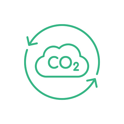 Cloud thin line icon with two arrows symbolizing greenhouse effect. Carbon footprint concept. Toxic gases emission. Vector illustration, flat, clip art.