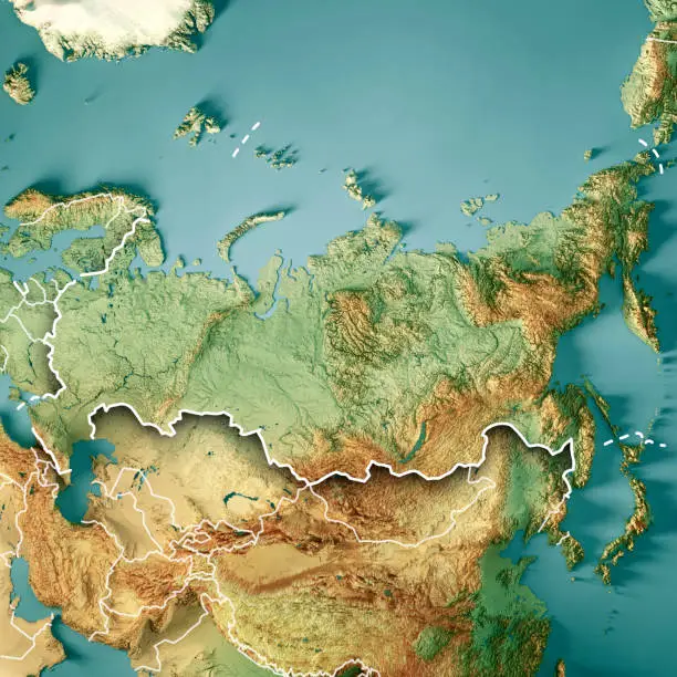 3D Render of a Topographic Map of Russia. Version with Country Boundaries.
All source data is in the public domain.
Color texture: Made with Natural Earth. 
http://www.naturalearthdata.com/downloads/10m-raster-data/10m-cross-blend-hypso/
Relief texture: GMTED2010 data courtesy of USGS. URL of source image: https://topotools.cr.usgs.gov/gmted_viewer/viewer.htm 
Water texture lakes: Made with Natural Earth.
https://www.naturalearthdata.com/downloads/10m-physical-vectors/
Water texture: HIU World Water Body Limits: http://geonode.state.gov/layers/?limit=100&offset=0&title__icontains=World%20Water%20Body%20Limits%20Detailed%202017Mar30