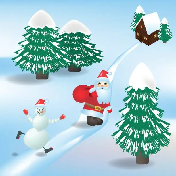 Vector illustration of Santa and a snowman are walking along a path in a snow-covered forest to a house