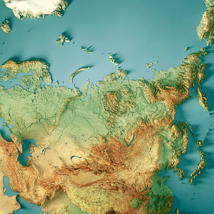 3D Render of a Topographic Map of Russia. \nAll source data is in the public domain.\nColor texture: Made with Natural Earth. \nhttp://www.naturalearthdata.com/downloads/10m-raster-data/10m-cross-blend-hypso/\nRelief texture: GMTED2010 data courtesy of USGS. URL of source image: https://topotools.cr.usgs.gov/gmted_viewer/viewer.htm \nWater texture lakes: Made with Natural Earth.\nhttps://www.naturalearthdata.com/downloads/10m-physical-vectors/\nWater texture: HIU World Water Body Limits: http://geonode.state.gov/layers/?limit=100&offset=0&title__icontains=World%20Water%20Body%20Limits%20Detailed%202017Mar30
