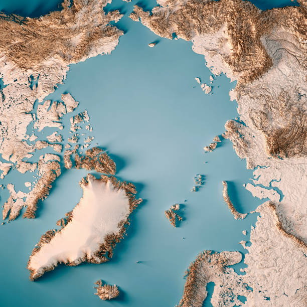 arctic ocean north pole 3d render topographic map neutro - greenland - fotografias e filmes do acervo