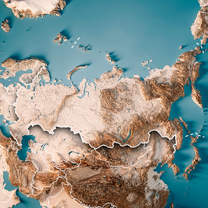 3D Render of a Topographic Map of Russia. Version with Country Boundaries.
All source data is in the public domain.
Color texture: Made with Natural Earth. 
http://www.naturalearthdata.com/downloads/10m-raster-data/10m-cross-blend-hypso/
Relief texture: GMTED2010 data courtesy of USGS. URL of source image: https://topotools.cr.usgs.gov/gmted_viewer/viewer.htm 
Water texture lakes: Made with Natural Earth.
https://www.naturalearthdata.com/downloads/10m-physical-vectors/
Water texture: HIU World Water Body Limits: http://geonode.state.gov/layers/?limit=100&offset=0&title__icontains=World%20Water%20Body%20Limits%20Detailed%202017Mar30