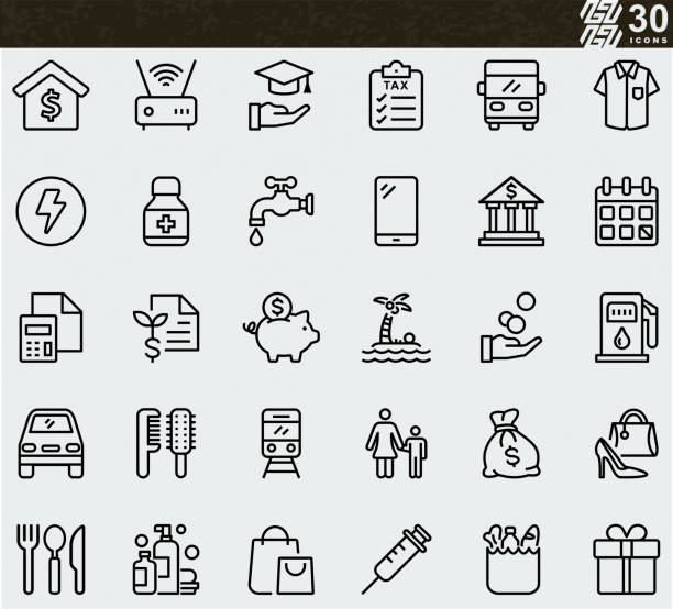 ausgaben , einkommen , darlehen , hauskosten , nebenkosten , bank , finanzen , familie , monatsende , geld , bildung , planing line icons - expense stock-grafiken, -clipart, -cartoons und -symbole