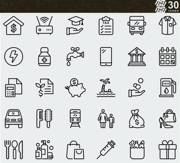 Expenses , Income , Loan , Home Expenses , Utilities , Bank , Finance , Family , End of a Month , Money ,Education , Planing Line icons