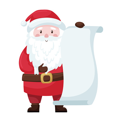 A cute cartoon Christmas Santa in a red suit and hat holds an unfolded scroll, a papyrus with an empty space for the text. Adorable character is smiling. Flat style. Isolated on a white background.