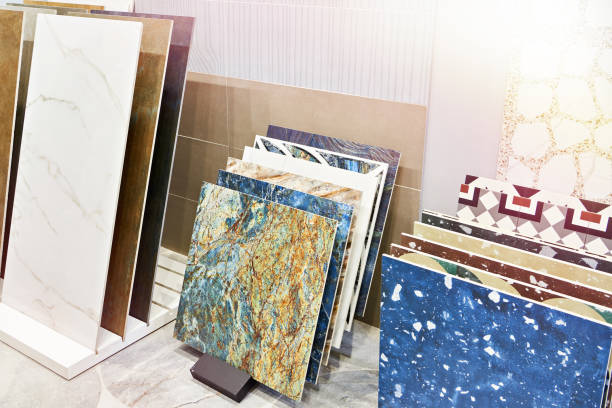 istock Colored porcelain stoneware tiles in store 1355612805
