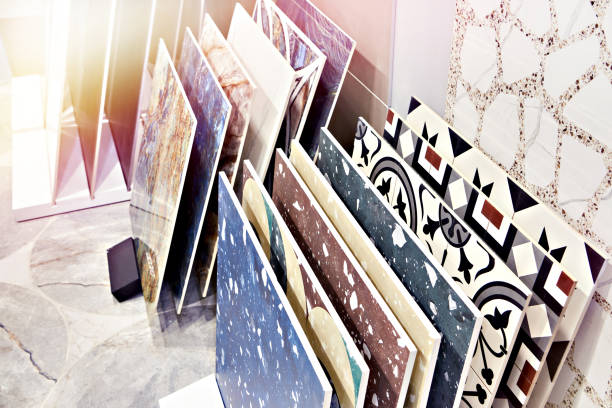 istock Colored porcelain stoneware tiles in store 1355613371