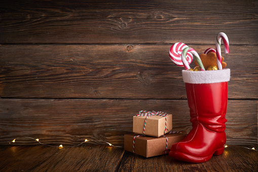 Santa boots with sweets and gifts for St. Nicholas Day on December 6th