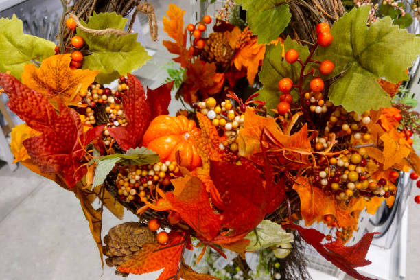 istock Beautiful bright autumn wreath, decoration, design, october 1355616489