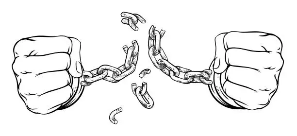 Vector illustration of Hands Breaking Chain Shackles Cuffs Freedom Design