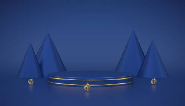 istock Blue round podium. Scene and 3D platform with gold circle, Christmas balls and pine cone trees on blue background. Blank Pedestal concept. Advertising design. Show and sale template. Realistic vector. 1355617146