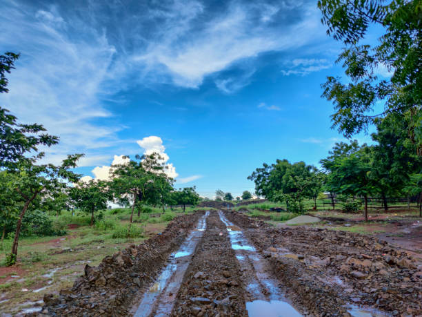 Stock photo of messy muddy dirt road  after heavy rain with deep tire tracks in the countryside area, road surrounded by green trees and farmland . blue sky and white clods on background  at Gulbarga. stock photo