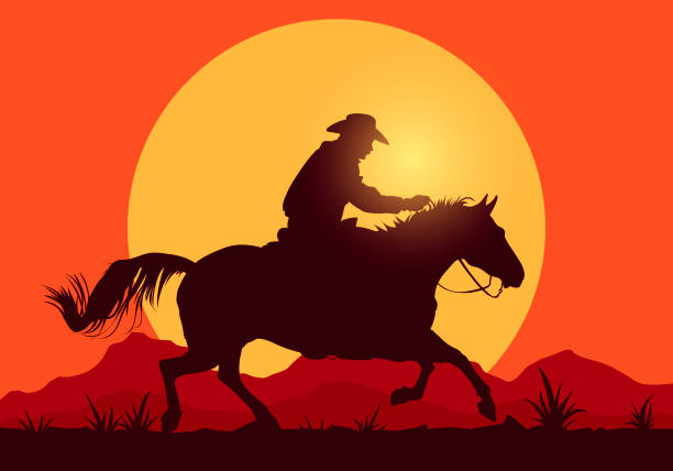 ilustraciones, imágenes clip art, dibujos animados e iconos de stock de ilustración vectorial silueta de vaquero occidental montando a caballo - rodeo cowboy horse silhouette
