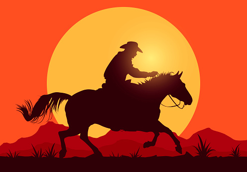 Vector Illustration Silhouette Of Western Cowboy Riding A Horse