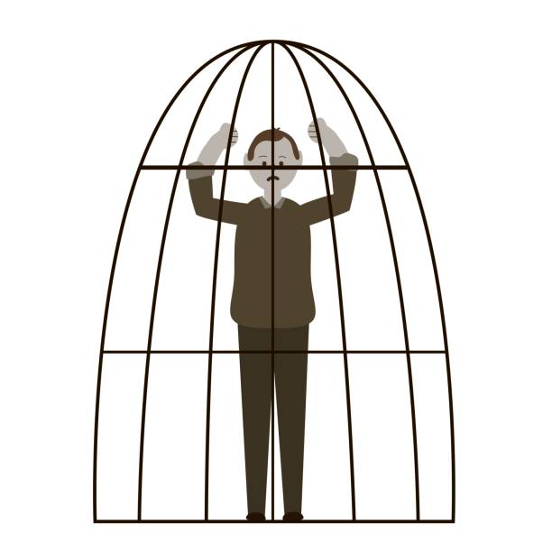 istock A man in an iron cage. Vector illustration of emotional burnout, difficult life situation, hopelessness, not freedom. 1355618559