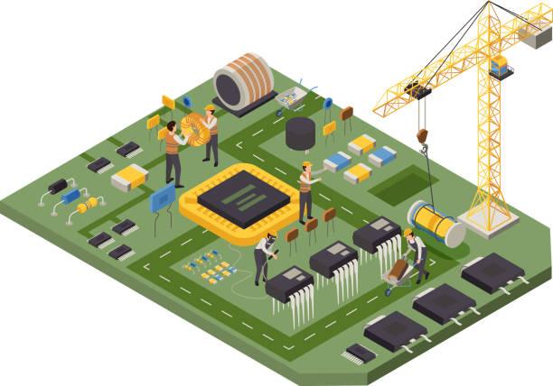 Semiconductor Construction Site Composition Semiconductor element production isometric composition with circuit board shown as construction site with human characters of workers vector illustration semiconductor stock illustrations