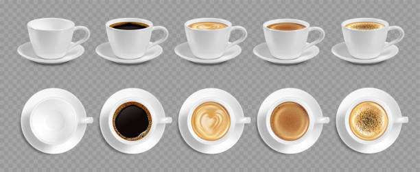 illustrations, cliparts, dessins animés et icônes de ensemble de tasse à café réaliste avec boisson chaude de différentes couleurs. café noir, cappuccino, expresso, macchiato, moka. illustration vectorielle. - coffee cup black coffee isolated