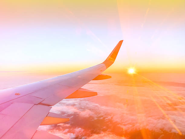 istock Airplane wing in the sky at beautiful sunset 1355621397
