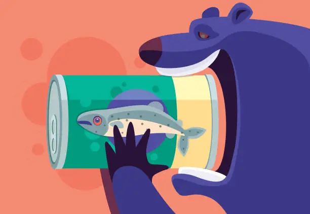 Vector illustration of bear holding can of salmon