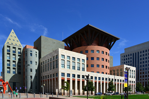 Denver, Colorado, USA: Denver Public Library - architects Michael Graves and Klipp Colussy Jenks DuBois - corner of 13th Avenue and Broadway.