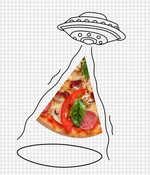 Photo of Contemporary art collage of UFO, flying saucer with pizza slice isolated over white background