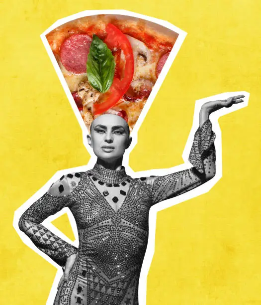 Photo of Contemporary art collage of beautiful stunning woman in image of Cleopatra with pizza headwear isolated over yellow background