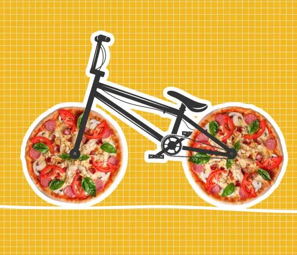 Photo of Contemporary art collage of creative bike with pizza weels symbolizing fast delivery isolated over yellow background
