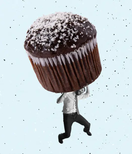 Photo of Contemporary art collage of man holding big heavy chocolate muffin isolated over white background