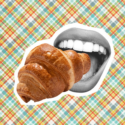 French breakfast. Contemporary art collage of female mouth biting fresh baked croissant isolated over checkered background. Concept of art, creativity, food, delivery service, taste and ad