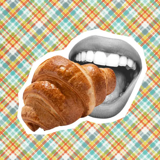 Photo of Contemporary art collage of female mouth biting fresh baked croissant isolated over checkered background
