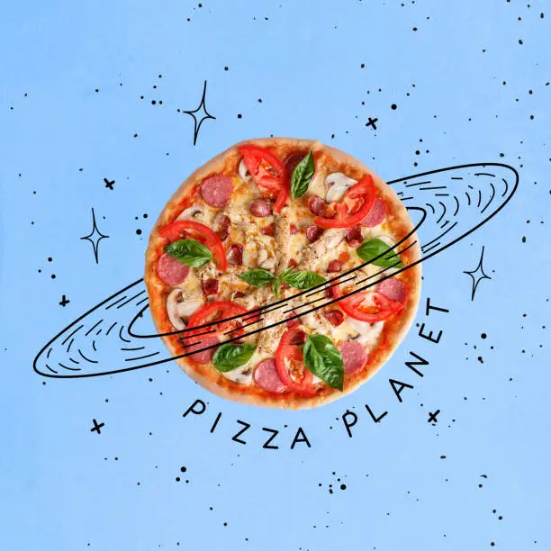 Photo of Contemporary art collage of pizza in shape of planet isolated over blue background. Doodles, logo