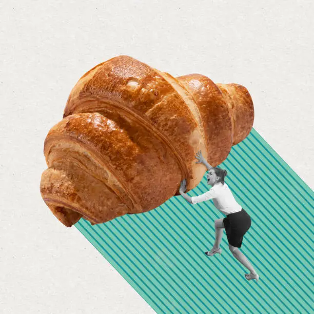 Photo of Contemporary art colage of young woman pushing big croissant isolated over beige background