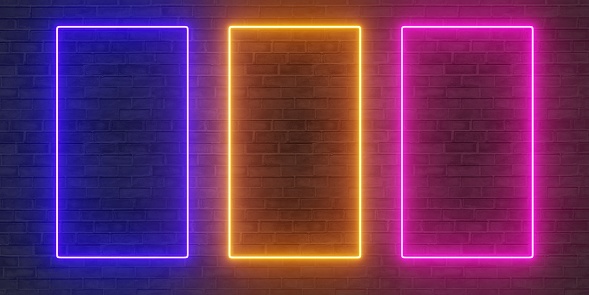 neon signs on the wall Neon signs and brick walls Text frame on panel 3D illustration