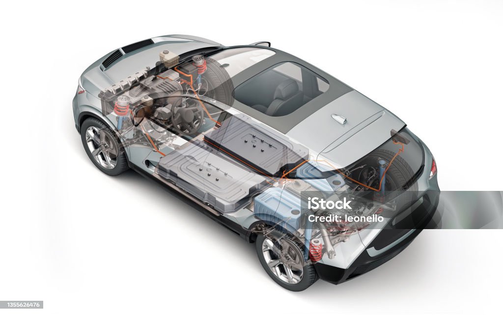 Electric generic car technical cutaway Electric generic car technical cutaway 3d rendering with all main details of EV system in ghost effect. Perspective top view on white background. Electric Vehicle Stock Photo