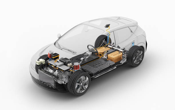 Electric generic car technical cutaway Electric generic car technical cutaway 3d rendering with all main details of EV system in ghost effect with drawing. Perspective bird eye view on white background. electric car stock pictures, royalty-free photos & images