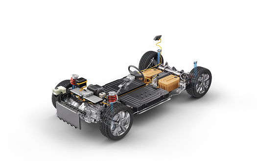 Electric car under carriage chassis. All main details of EV system, on white background.