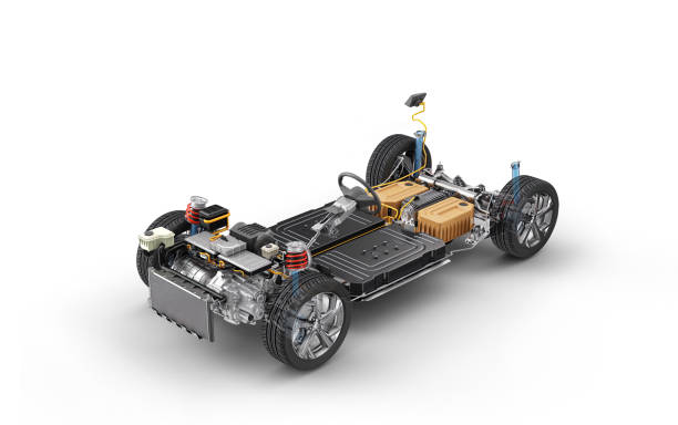 Electric car under carriage chassis stock photo