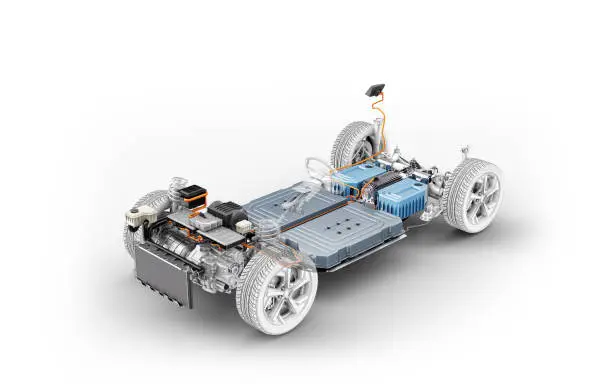 Electric car under carriage chassis. All main details of EV system, on white background.