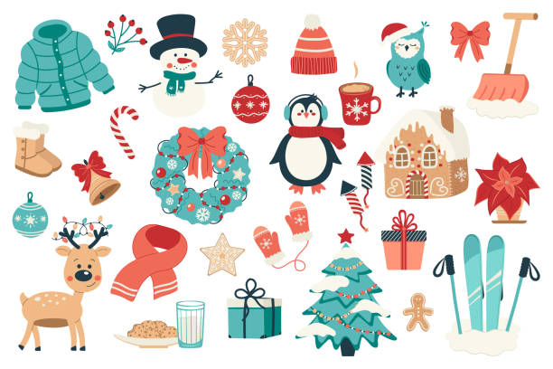 ilustrações, clipart, desenhos animados e ícones de coleção de atributos de natal e inverno - young animal characters clothing coat