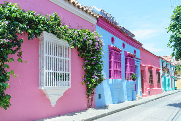 panoramablick auf alte häuser in cartagena de indias. - pink buildings stock-fotos und bilder
