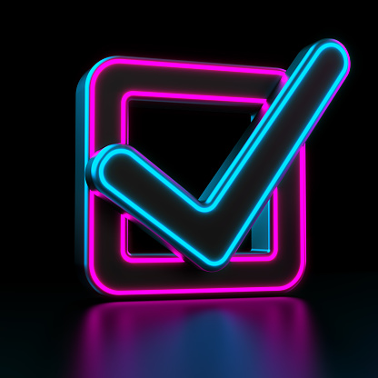 Futuristic Neon check mark sign. Check mark isolated on the black background. Checked or approve icon or correct choice sign. Vote concept.