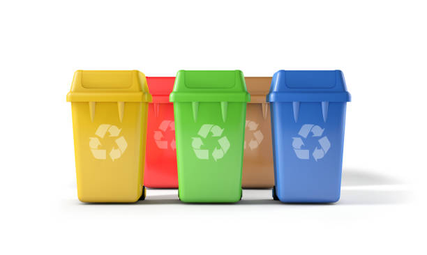 istock Plastic containers for garbage of different types, isolated from white background 1355627984