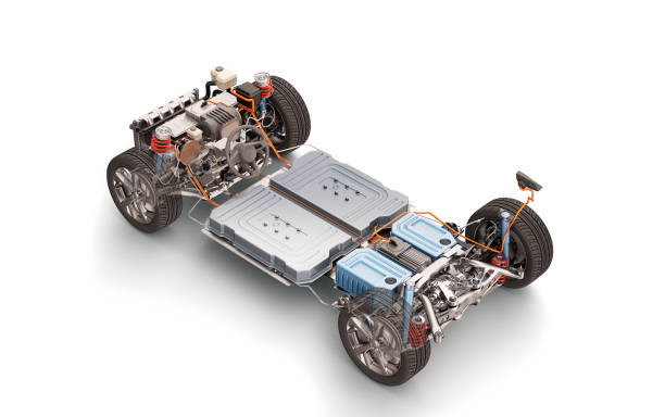 istock Electric car under carriage chassis. 1355628011