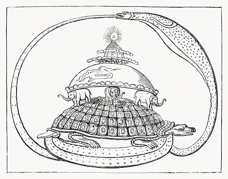 Ancient Hindu idea of the world: The universe is encircled by the World-Serpent Asootee, the symbol of eternity. Mount Meru represents paradise, the earth below it is supported by elephants, and below this is the infernal region carried by the tortoise Akupara. Wood engraving after an ancient Hindu ceramic poster, published in 1862.