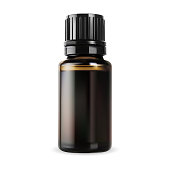 istock Essential oil bottle. Brown glass vial, small vector container 1355630387