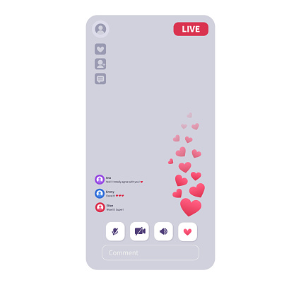 Live stream interface with a lot of likes, appreciations. Stories screen template for mobile application. Vector mock up illustration