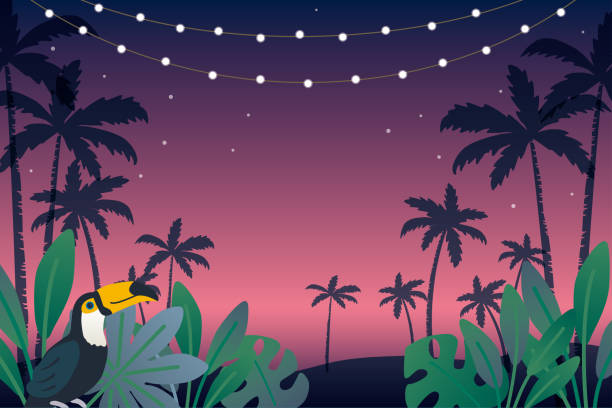 bildbanksillustrationer, clip art samt tecknat material och ikoner med vector tropical background illustration with palm tree and hanging party light, toucan bird - japansk paradis ö