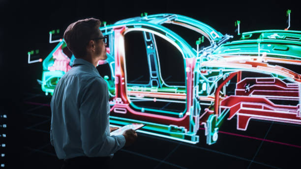 istock Innovative Green Energy Startup: Engineer Designing Electric Car Using Tablet Computer and Big Wall Screen to Analyse Prototype. Concept for Sustainable Environmnetally Friendly Carbon Neutral Vehicle 1355632646